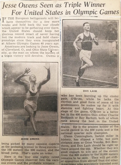 Newspaper clipping featuring article on Jesse Owens and Don Lash competing at the 1936 Olympics