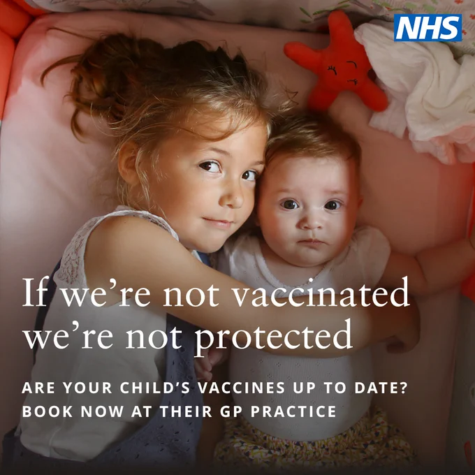If we're not vaccinated, we're not protected. Are your child's vaccines up to date? Book now at their GP practice. 