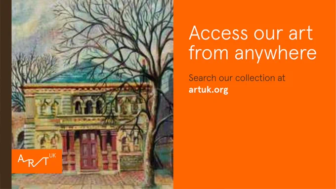 picture of a Southampton synagogue by artist E.Merson on left.  Orange box with wording on right 'Access our art from anywhere. Search our collection at artuk.org.