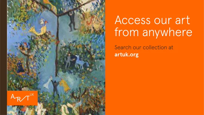 Image called Jerusalem by artist Bina Rubin on left. Orange box with wording on right 'Access our art from anywhere. Search our collection at artuk.org.