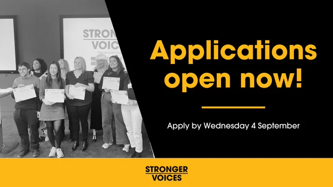 A group of people stood smiling and holing up certificates, in front of a screen showing the Stronger Voices logo.

Applications open now!

Apply by Wednesday 4 September

Stronger Voices logo