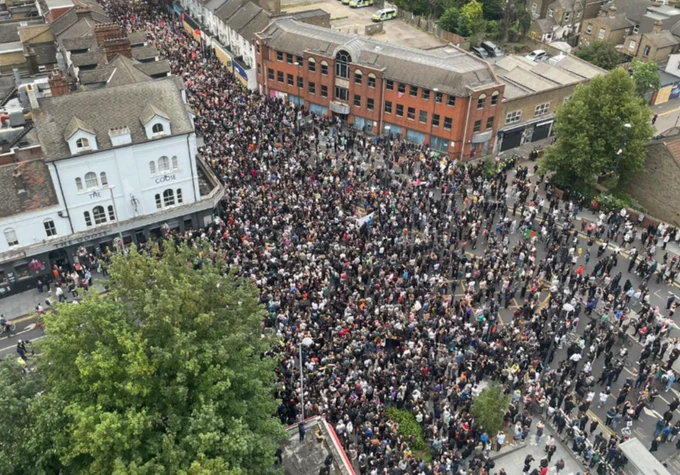 An aerial view showing thousands on the street in Walthamstow