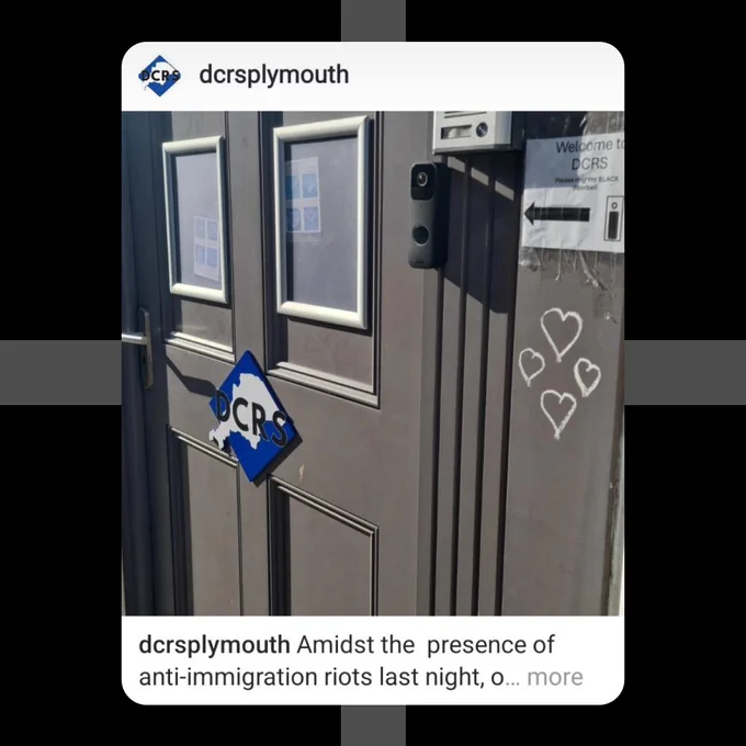 A social media post shared by Devon & Cornwall Refugee Support about hearts drawn on its building on the morning after riots in Plymouth.