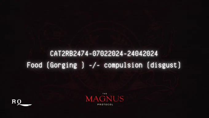 A dark red background, with distorted horizontal lines - reminiscent of old computer monitors. Faintly in the background is the OIAR crest logo. In the foreground, in a white font often seen on older computers is the case number and description: "CAT2RB2474-07022024-24042024
Food (Gorging ) -/- compulsion (disgust)".