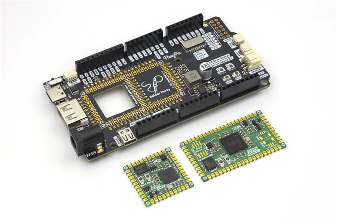 A set of three PCBs, one is a small rectantular one, the RP2350 Stamp, another is a bit larger, the RP2350 Stamp XL. The last one is a Due/Mega form-factor and footprints for the Stamps to be installed. It also contains a large amount of various connectors, including USB Host and Device, microSD, HDMI-shaped one, Qwiic, LiPo, DC Jack.