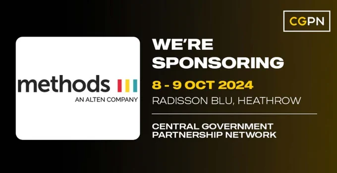 CGPN Event banner. Text says 'We're sponsoring', 8-9 Oct 2024, Radisson Blu, Heathrow. Central Government Partnership Network. Includes Methods Logo