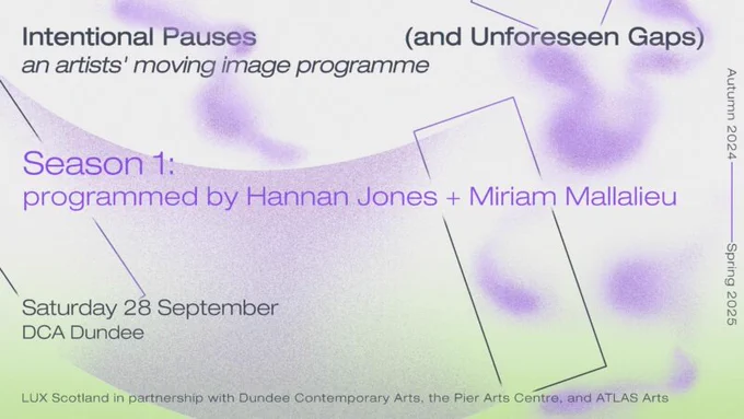 The artists’ moving image programme season one visual identity: bold grey and bright purple text on a soft purple and line green background with curving shapes punctuated with soft purple spots. The text displays the programme title, dates, partners and programmers.