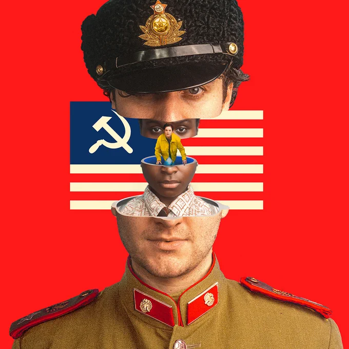 Poster for The Mosinee Project. A Soviet officer's face is bisected, with a civillian's face appearing between the two halves. The civilian's face is also bisected, with a third character climbing out of the space. The backdrop is the red stripes of the American flag, with the white stars replaced with the Soviet Union symbol of a crossed hammer and sickle. Image courtesy of Multitude Media.