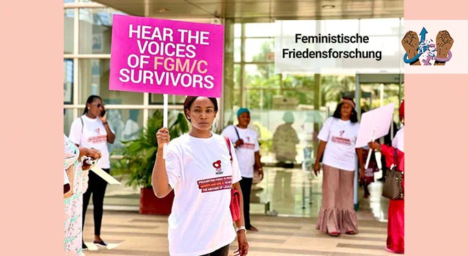 Photo of women with matching t-shirts, one is holding up a sign that says "Hear the voices of FGM/C survivors"