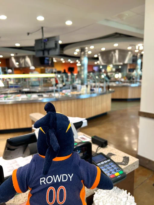 A plush mascot named "ROWDY" with the number 00, representing a team or school, is positioned in the foreground overlooking a bustling cafeteria setting, highlighted by serving stations and a variety of visible food options.