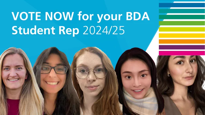 Vote now for your BDA Student Rep 2024/25. The graphic includes photos of the 5 candidates.