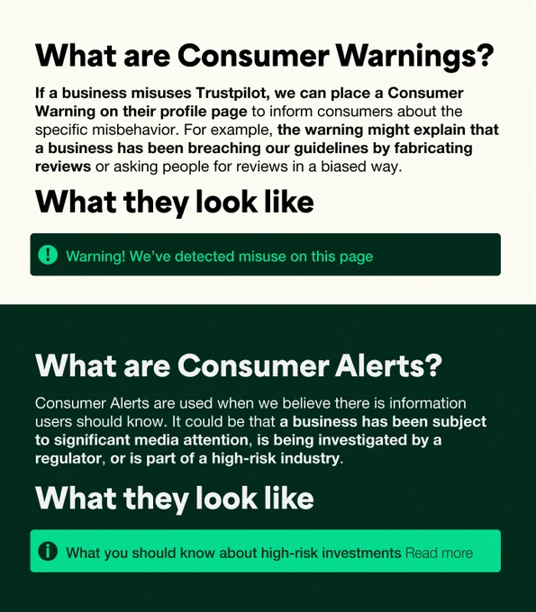 Two informational graphics explaining consumer warnings and alerts on Trustpilot. Top graphic is discussing misuse detection on reviews, featuring a speech bubble with "Warning! We've detected misuse on this page" text. Bottom graphic focuses on consumer alerts for high-risk businesses, with text "What you should know about high-risk investments."