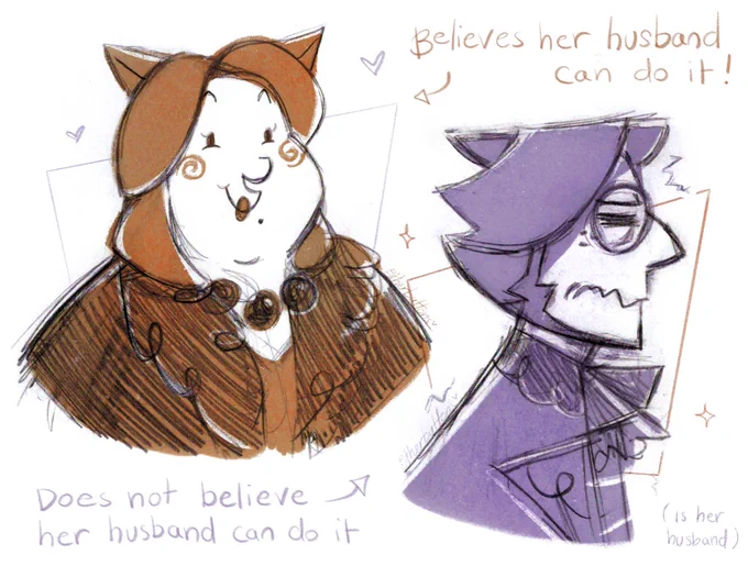 FFXIV Art of Dulia-Chai looking happy and Chai-Nuzz looking anxious in a retro illustrated style. Text reads 'Believes her husband can do it' and 'Does not believe her husband can do it (is her husband).