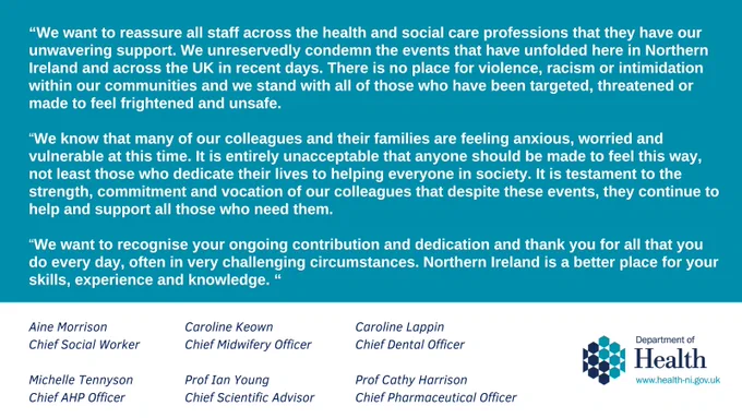 A teal background with white text set against it. The text condemns racist behaviour against healthcare staff, sets out support for those affected and thanks them for their dedication. The names at the bottom of the text are: Aine Morrison, Chief Social Worker
Caroline Keown, Chief Midwifery Officer
Caroline Lappin, Chief Dental Officer
Professor Cathy Harrison, Chief Pharmaceutical Officer
Michelle Tennyson, Chief Allied Health Professions Officer
Professor Ian Young, Chief Scientific Advisor