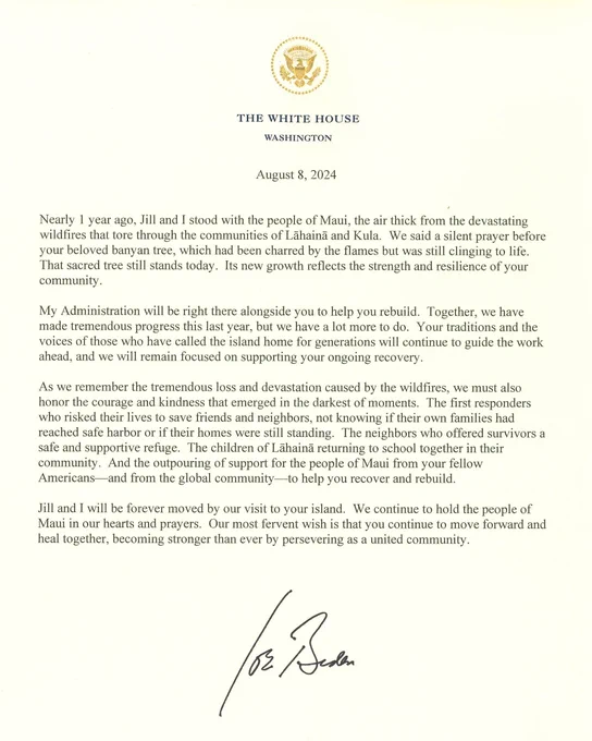 A letter from President Biden to the community of Maui.