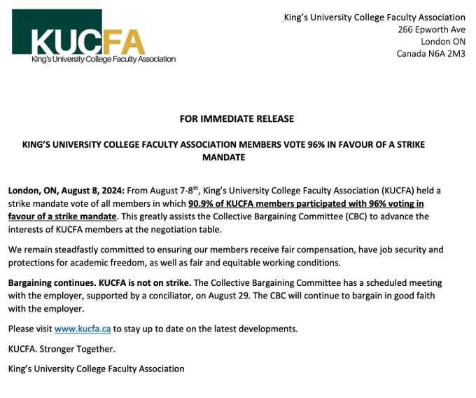 Announcement from KUCFA: Members vote 96% in favour of a strike mandate. Bargaining continues, KUCFA is not on strike.
