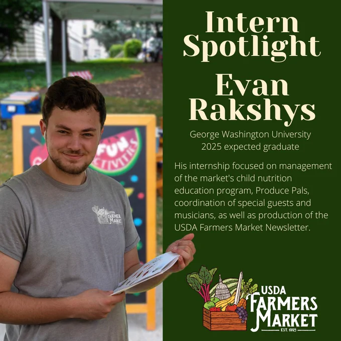 A person stands outdoors holding printed materials, next to a green educational banner labeled "Intern Spotlight" featuring the name Evan Rashkyns, a George Washington University 2025 expected graduate. The banner details Evan's focus on children's education programs, event coordination, and production of the USDA Farmers Market Newsletter, with the USDA Farmers Market logo displayed at the bottom right.