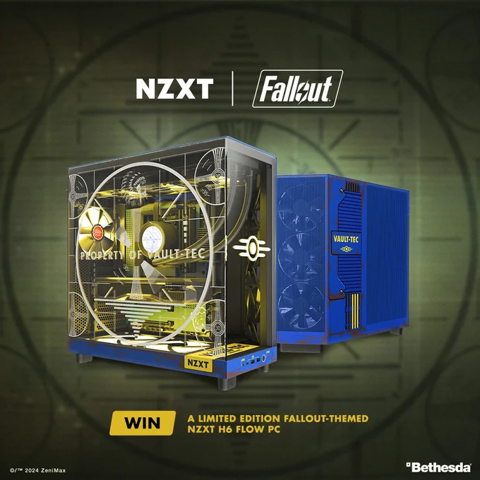 Two views of a specially designed Fallout themed NZXT H6 Flow PC - the main colour is blue with glass decals. The background of the image is the 'please stand by' tester image made famous in the Fallout games.