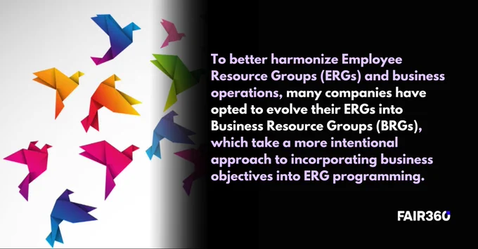 Graphic with colorful paper birds flying with a white backdrop and an ombre black background with text reading: To better harmonize Employee Resource Groups (ERGs) and business operations, many companies have opted to evolve their ERGs into Business Resource Groups (BRGs), which take a more intentional approach to incorporating business objectives into ERG programming.