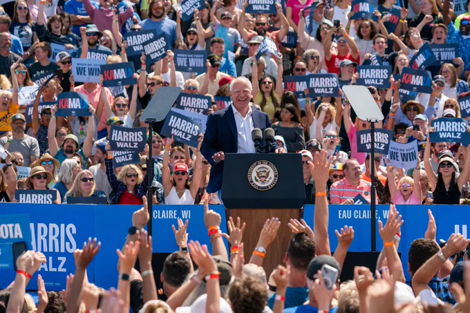 Governor Tim Walz speaks at a rally in Eau Claire, Wisconsin.