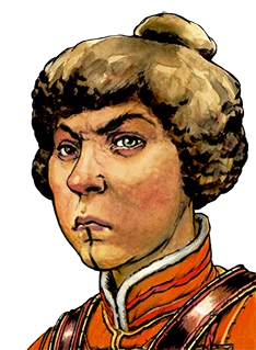 An illustrated profile of an advisor from Six Ages 2 with brown hair tied up in a bun, orange high necked shirt and a scowl on their face