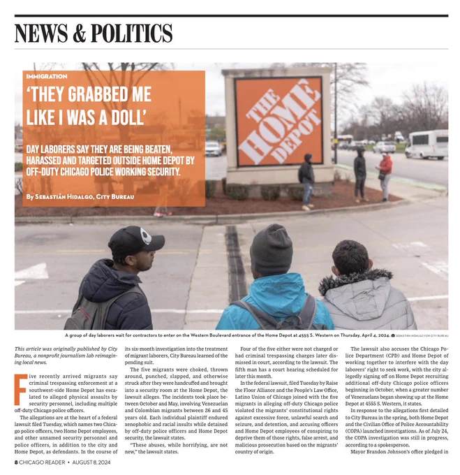 First page of the City Bureau article in the Reader this week.