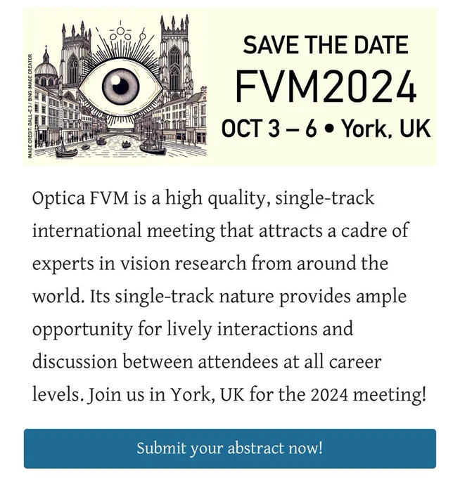 Screenshot of the conference website highlighting the conference dates and a short description of the event: Optica FVM is a high quality, single-track international meeting that attracts a cadre of experts in vision research from around the world. Its single-track nature provides ample opportunity for lively interactions and discussion between attendees at all career levels. Join us in York, UK for the 2024 meeting!