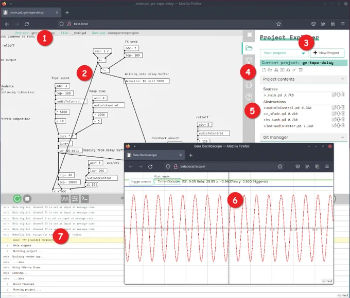 Project management: Load and switch between a variety of onboard projects. 2. IDE: Code your projects directly, or view the projects you upload. 3. Project explorer: Upload and download projects to the BeagleBone. 4. Tutorials and examples: Browse lots of examples plus the excellent documentation on each function and capability. 5. Pin explorer: An annotated diagram of the device pins can be shown for easy programming. 6. Oscilloscope: This feature is integrated into the IDE but connects to the hardware. 7. Log and debug: The output from your projects is listed in a separate pane.