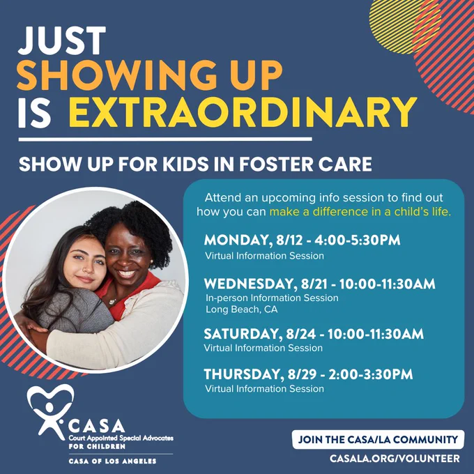 Upcoming CASA information sessions: 8/12, 8/21, 8/24, 8/29. Sign up at casala.org/volunteer