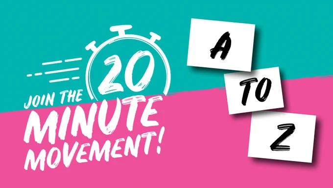A turquoise background with a diagonal pink section in the lower half. Join the 20 Minute Movement logo is in white is on the left with three white oblongs on the right. The letter A in black text is in the first oblong, TO is in black text in the the second oblong and Z in black text is in the third oblong. The oblongs are all at angle on the right hand side of the image.