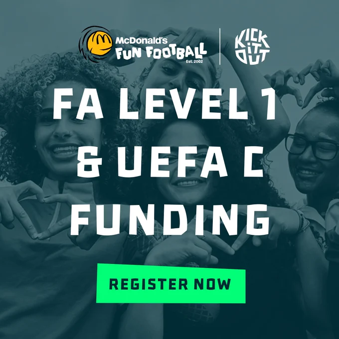 FA Level 1   UEFA C Funding Bursary Poster with 4 women coaches in the background.