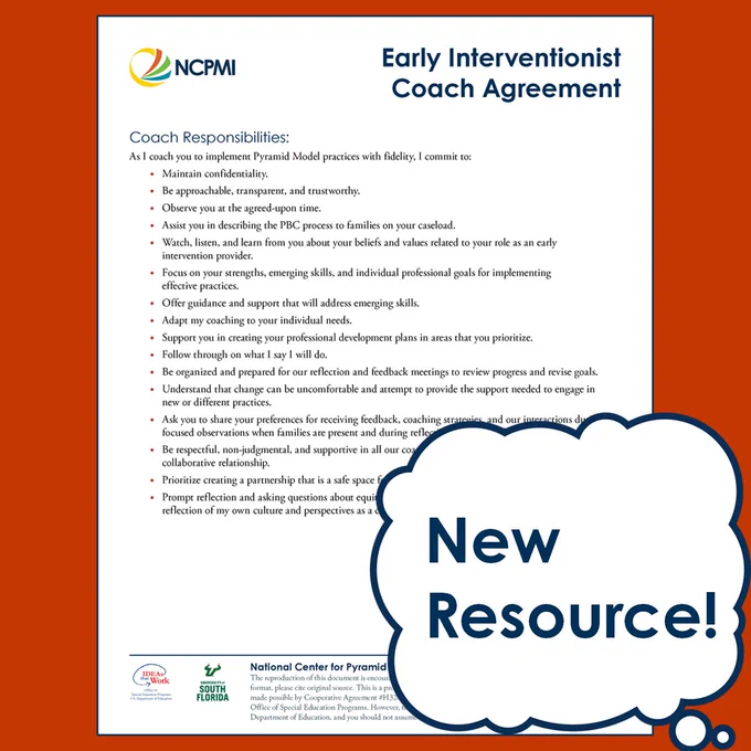 Thumbnail image of the Early Interventionist Coach Agreement on a dark orange background. New Resource! inside a thought bubble on top, bottom right corner