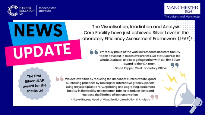 The Visualisation, Irradiation and Analysis Core Facility have just achieved Silver Level in the Laboratory Efficiency Assessment Framework this week.  The VIA facility achieved this by reducing the amount of clinical waste, good purchasing practices by looking for alternative green suppliers, using recycled plastic for 3D printing and upgrading equipment locally in the facility and research labs so to reduce costs and increase the lifetime of instrumentation.  
"I'm really proud of the work our research and core facility teams have put in to achieve Bronze LEAF status across the whole Institute, and now going further with our first Silver award to the VIA team," said Stuart Pepper, Chief Laboratory Officer.