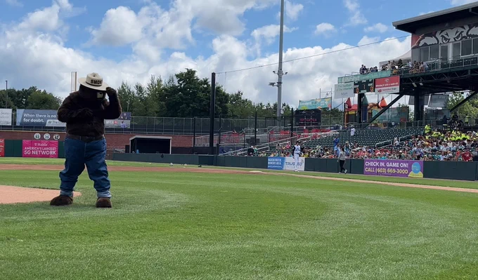 Smokey Bear at NH Fisher Cats - first pitch wind-up