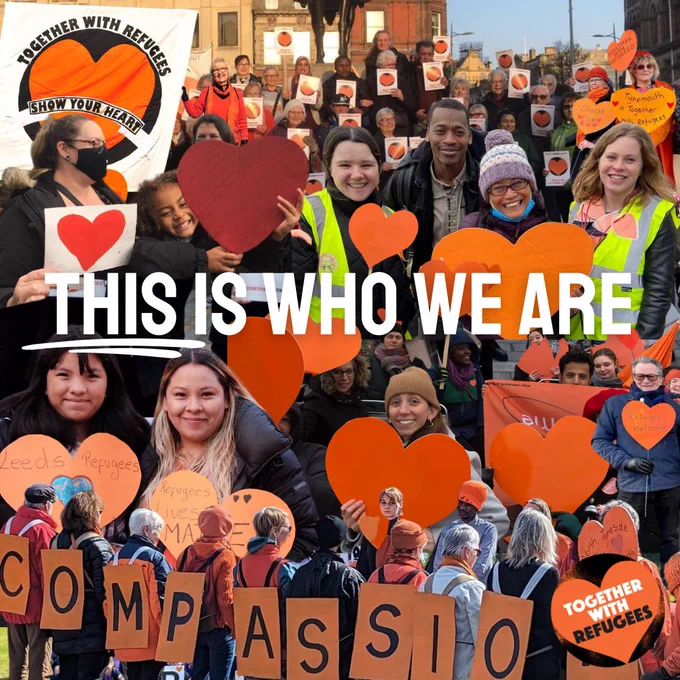 People holding orange hearts, reads 'This is who we are' & Together With Refugees Logo in the corner