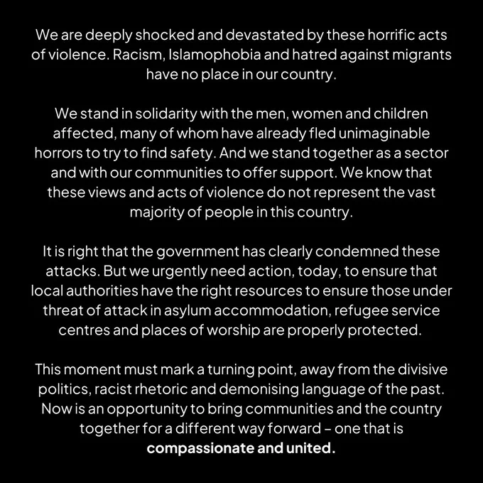Black graphic with white text from the statement, read here: https://togetherwithrefugees.org.uk/more-than-200-refugee-charities-stand-together-in-joint-response-to-anti-migrant-violence/