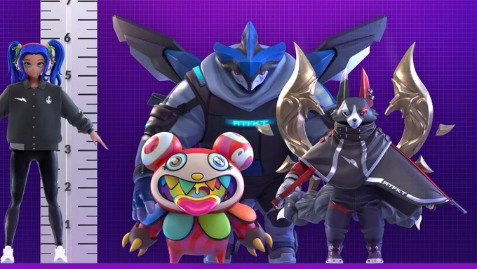 The image features three RTFKT Project Animus companions, Juggernox, TM Kuma, and Moonfang alongside Clone X #1651.
Juggernox is the tallest, standing at approximately 6 1/2 feet, while TM Kuma is the shortest, at around 3 1/2 feet.