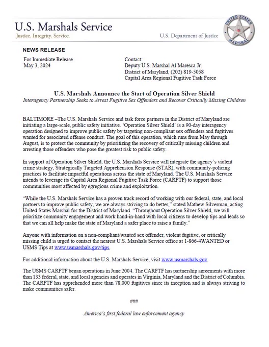 Image of the press release for Operation Silver Shield.