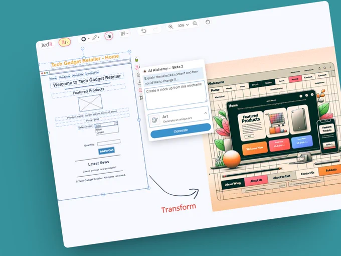 #PromptOfTheDay 👍 Select your wireframe, choose Art as Alchemy output with this prompt - "Create a mock up from this wireframe".

➡️ Try today at https://www.jeda.ai/generative-ai-user-experience-product-design

#JedaAI #GenerativeAI #ChatGPT #GPT4 #VisualPrompt #AI #Wireframes #Design #Mockups #UIUX #UserExperience