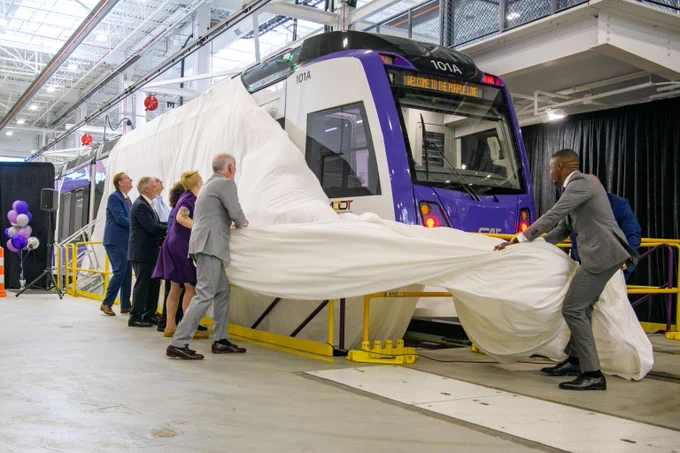 Maryland MTA leaders pull cover off new Purple Line railcar.