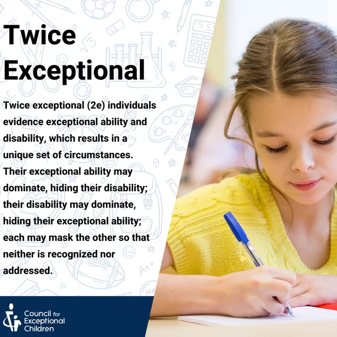 White background with blue bar on the bottom. There is an image of a young female student writing using a pen. The text reads, "Twice Exceptional: Twice exceptional (2e) individuals evidence exceptional ability and disability, which results in a unique set of circumstances. Their exceptional ability may dominate, hiding their disability; their disability may dominate, hiding their exceptional ability; each may mask the other so that neither is recognized nor addressed."