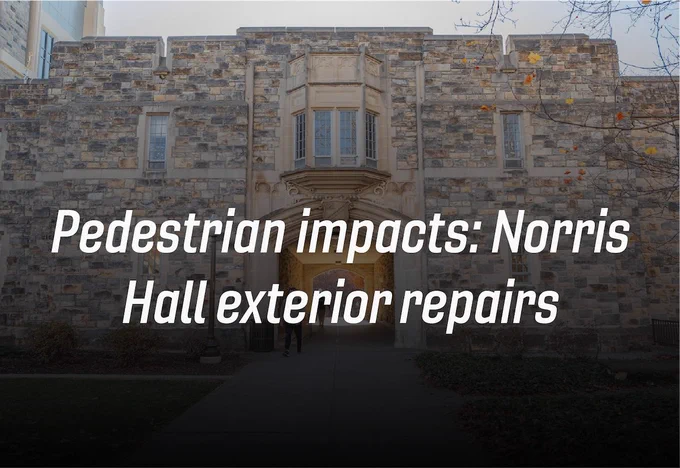 Grey Hokie Stone Norris Hall on a fall afternoon. The words "Pedestrian impacts: Norris Hall exterior repairs" are overlayed on top. 