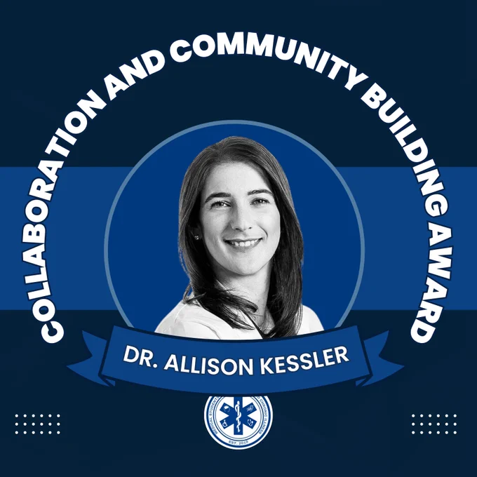 Navy background with dark blue stripe. Headshot of Dr. Kessler in the center. Above, a semi-circle of capital white text: “Advocacy and Leadership Award.” Underneath, in a blue ribbon, white text: “Dr. Allison Kessler.” MSDCI logo centered at the bottom, with white dots on the bottom left and bottom right.