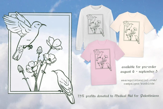 A line art drawing of birds and flowers, next to mock-ups of t-shirts with the same design printed on them. The background a photo of clouds against a blue sky. 
