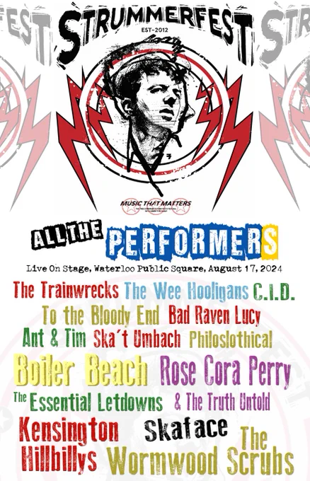 Poster for Strummerfest 2024 featuring a stylized illustration of a person playing guitar, set against a background of red electric flashes. The top of the poster states "EST. 2012 - STRUMMERFEST - MUSIC THAT MATTERS." Event details include: "Live On Stage, Waterloo Public Square, August 17, 2024." with a list of scheduled performers.