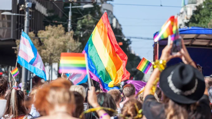 Crowd gathered at a Pride parade, waving various rainbow flags under a clear sky.