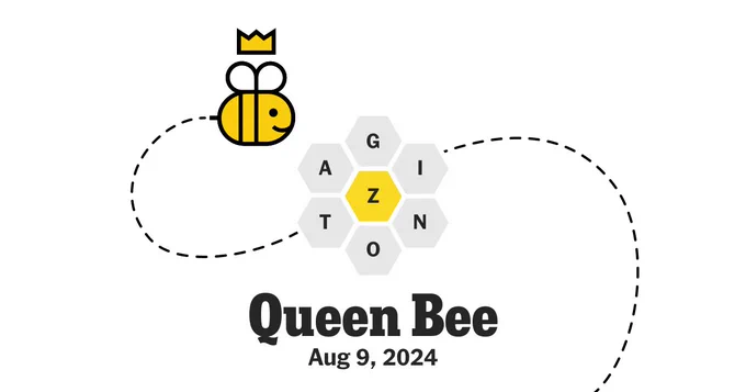 A graphic from the NYTimes Spelling Bee word game for Aug 9, 2024 with the letters A G I N O T and center letter Z, plus the words “Queen Bee” and a comic bee character with a crown.