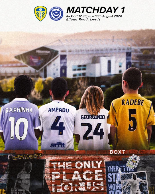 Graphic depicting four young fans sat on a wall, looking down on Elland Road stadium from the top of Beeston hill. There are stickers and posters on the wall in tribute to former players, Lucas Radebe, Jermaine Beckford and Eddie Gray. At the top of graphic is the Leeds United and Portsmouth logos, along with the text "Matchday 1, kick-off 12:30pm, 10th August 2024, Elland Road, Leeds"