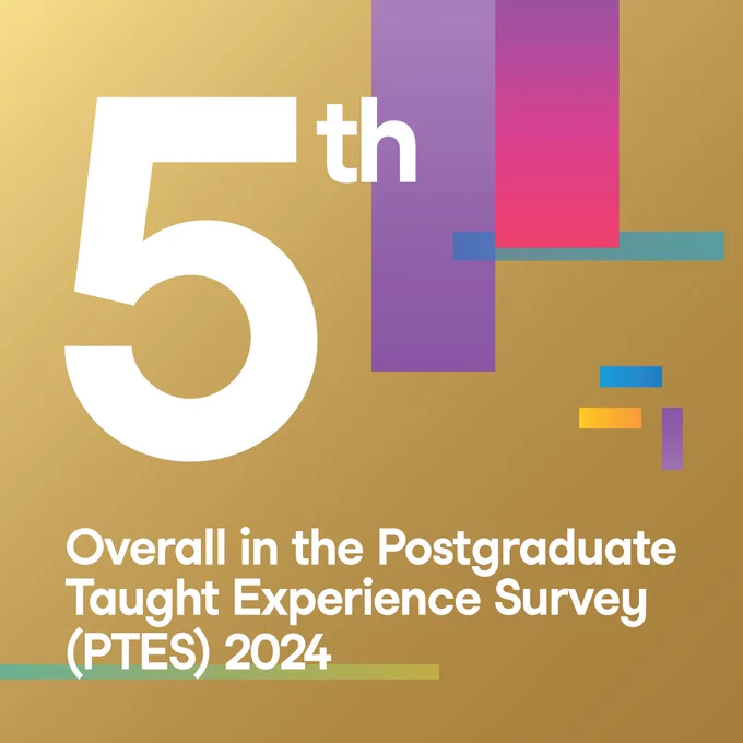 A graphic featuring the number "5" prominent in the centre with text overlay reading "5th Overall in the Postgraduate Taught Experience (PTES) 2024" on a gold and purple background.