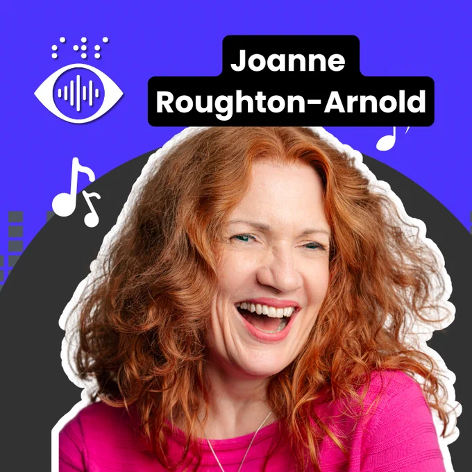 Graphic, featuring a photo of Joanne smiling. Joanne has long red hair and is wearing a bright purple top. 